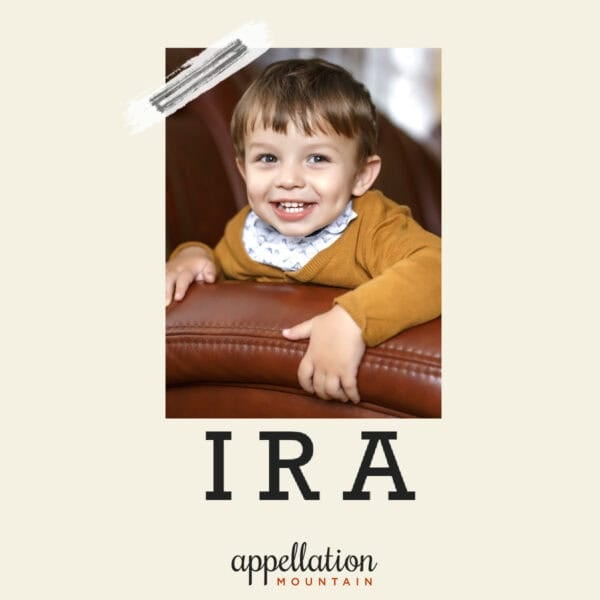 boy child with short brown hair wearing sweater sitting on brown leather chair; baby name Ira