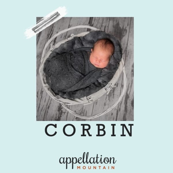 sleeping baby boy with dark hair wrapped in dark gray blanket in white basket on gray wooden floor; baby name Corbin