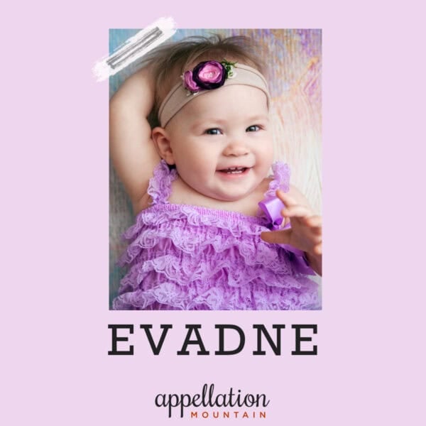 baby girl wearing lavender ruffled top with headband with violet flower; baby name Evadne