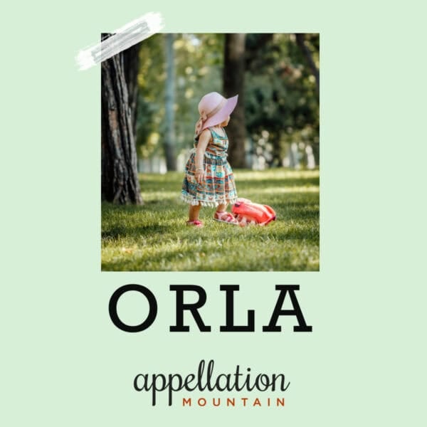 young girl wearing sundress and pink sunhat in park; baby name Orla