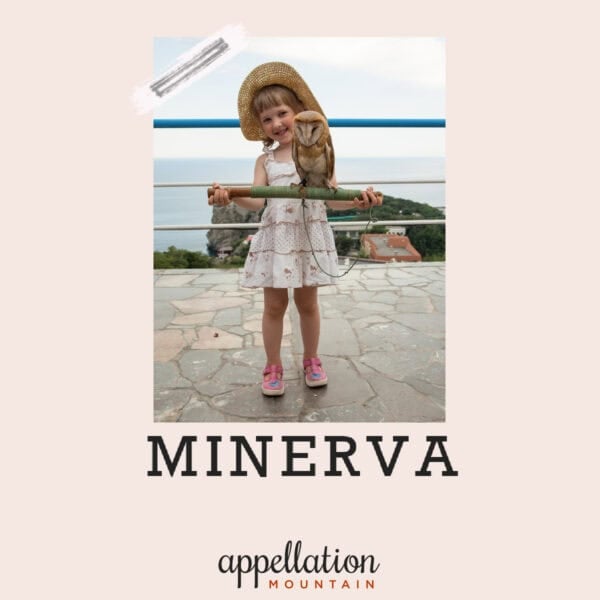 girl child standing on sidewalk wearing sundress, hat, and sandals, with owl on a perch; baby name Minerva