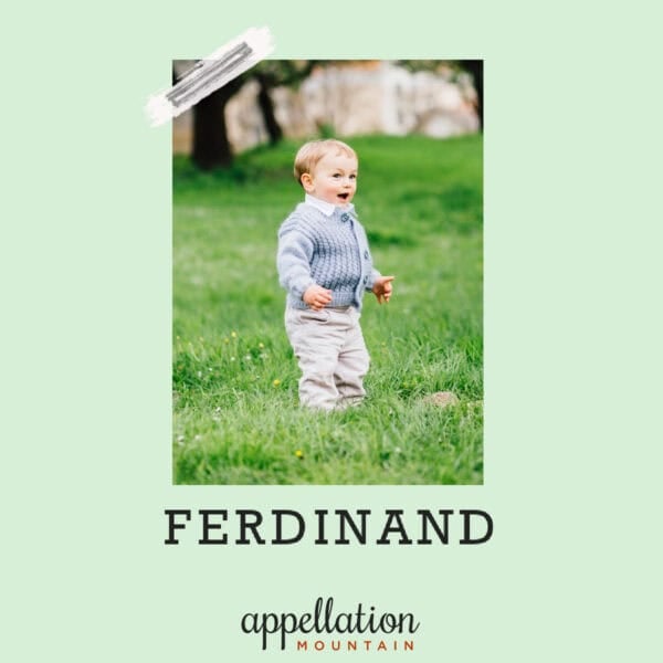 blonde toddler boy wearing blue sweater and khaki pants walking outside in grass by a tree; baby name Ferdinand
