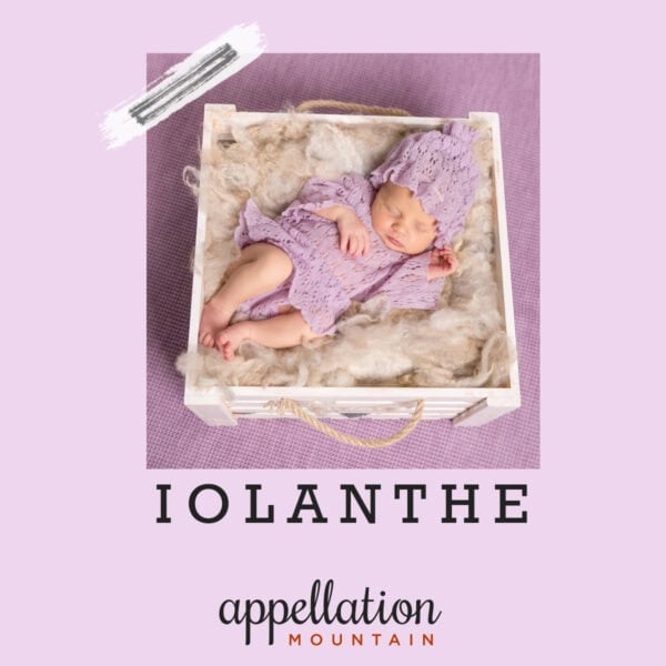 baby sleeping in square basket with lavender knit blanket wrapped around her body; baby name Iolanthe