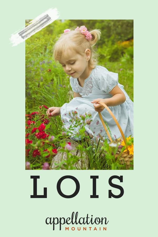 blonde girl kneeling in garden, picking flowers "Baby Name Lois"