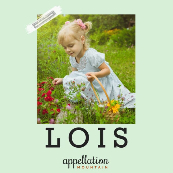blonde girl kneeling in garden, picking flowers "Baby Name Lois"