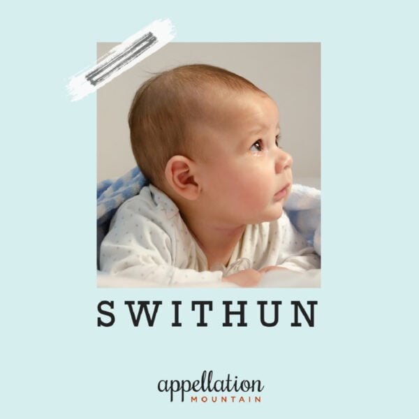 newborn baby with light brown hair looking to the right; "baby name Swithun"