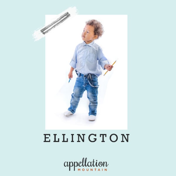 African American toddler boy wearing light blue shirt and jeans "baby name Ellington"