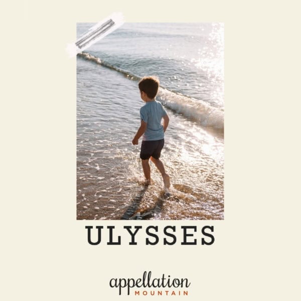 blonde toddler boy walking at on beach at ocean's edge wearing shorts and tee shirt; baby name Ulysses