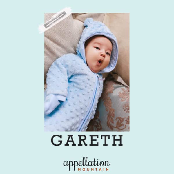 baby boy in blue zip-up suit with hood; baby name Gareth