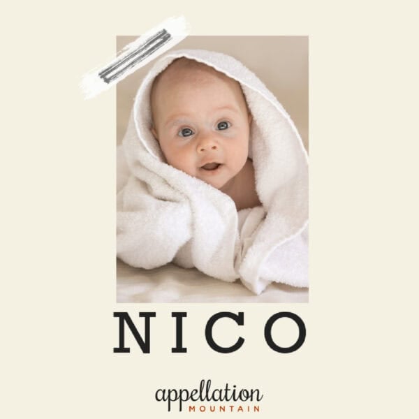 baby with wide eyes wrapped in white blanket; baby name Nico