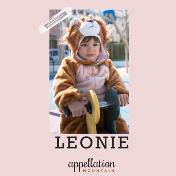 girl toddler wearing lion costume outdoors on playground; baby name Leonie