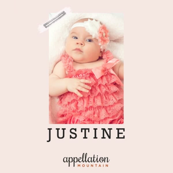 baby girl wearing headband and peach-colored ruffled romper; baby name Justine