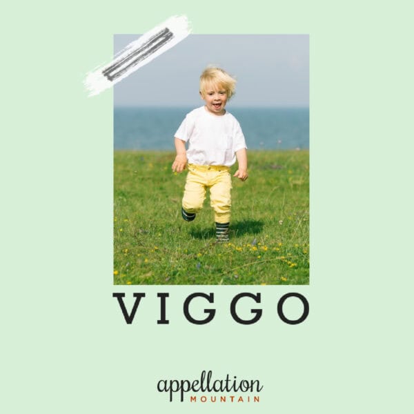toddler boy in white top and yellow pants walking through field of green grass; "baby name Viggo"