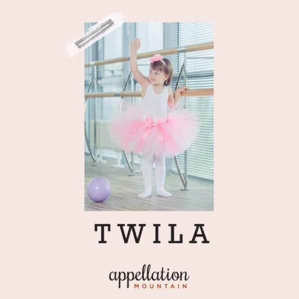 toddler girl with dark hair wearing dance leotard and tutu in studio; baby name Twila
