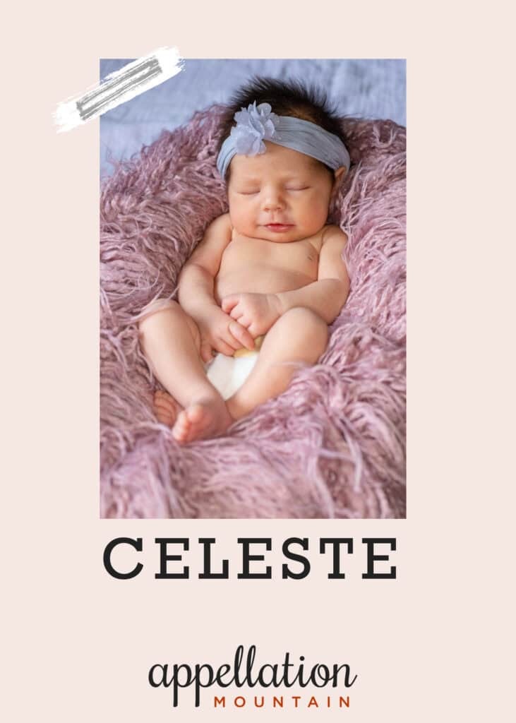 baby wearing light purple headband and diaper, sleeping in basket with pink fuzzy blanket; baby name Celeste