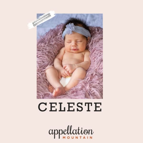 baby wearing light purple headband and diaper, sleeping in basket with pink fuzzy blanket; baby name Celeste