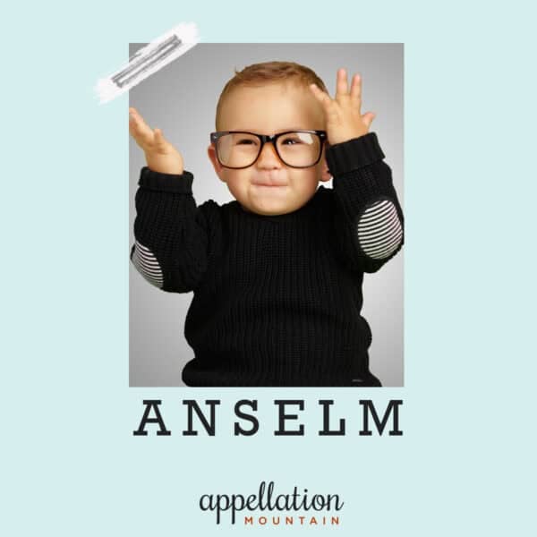 toddler boy with blonde hair and glasses wearing navy sweater with arm patches; baby name Anselm