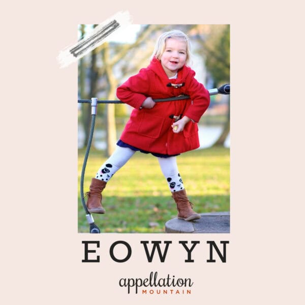 picture of blonde girl child wearing red coat and brown cowboy boots on playground in field, baby name Eowyn