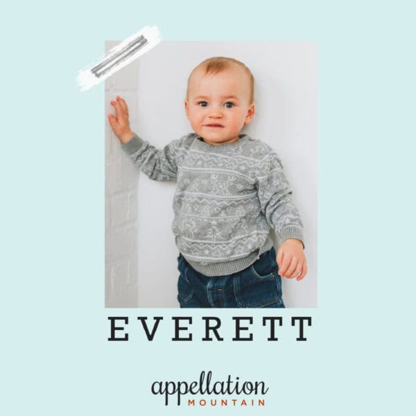 toddler boy in gray sweater and dark pants "baby name Everett"