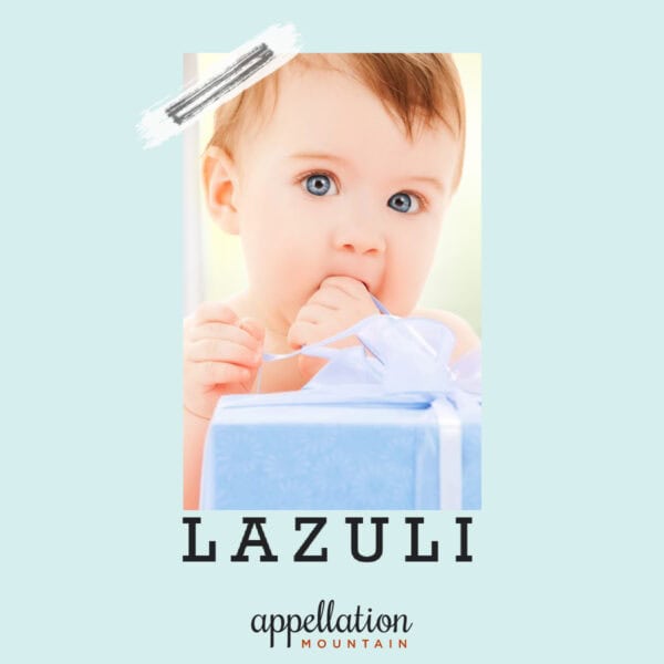 baby with light brown hair and blue eyes, over a blue wrapped gift with a white bow, baby name Lazuli