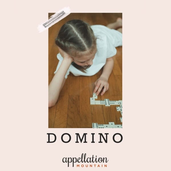 blonde girl child with braids wearing white tee shirt playing with dominoes; baby name Domino