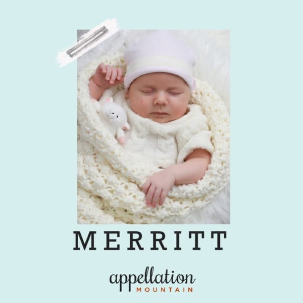sleeping baby in white knit clothing and blanket; baby name Merritt