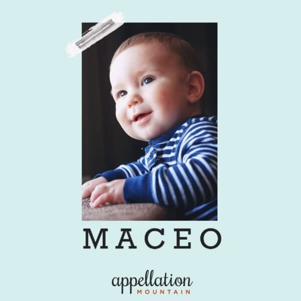 baby boy wearing blue and white striped top; baby name Maceo
