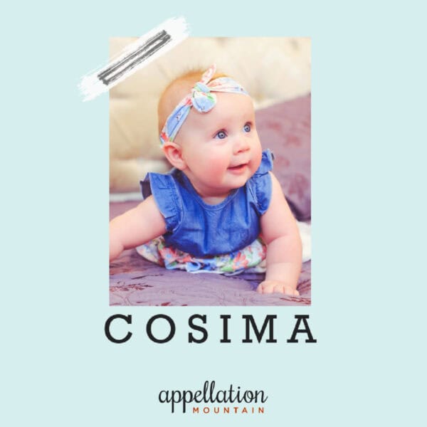 baby girl in blue dress and headband, "Baby Name Cosima"