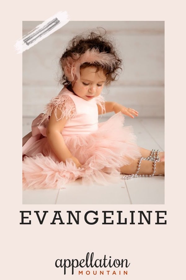 baby girl with dark curly hair wearing pink party dress; baby name Evangeline