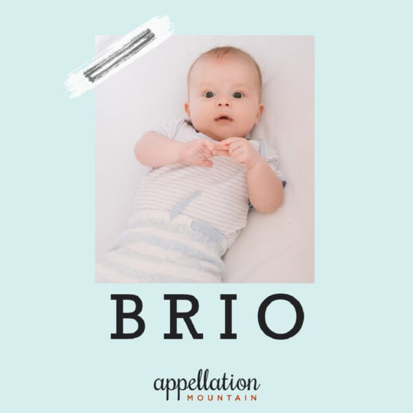 baby wearing white and light blue outfit on white background, "baby name Brio"