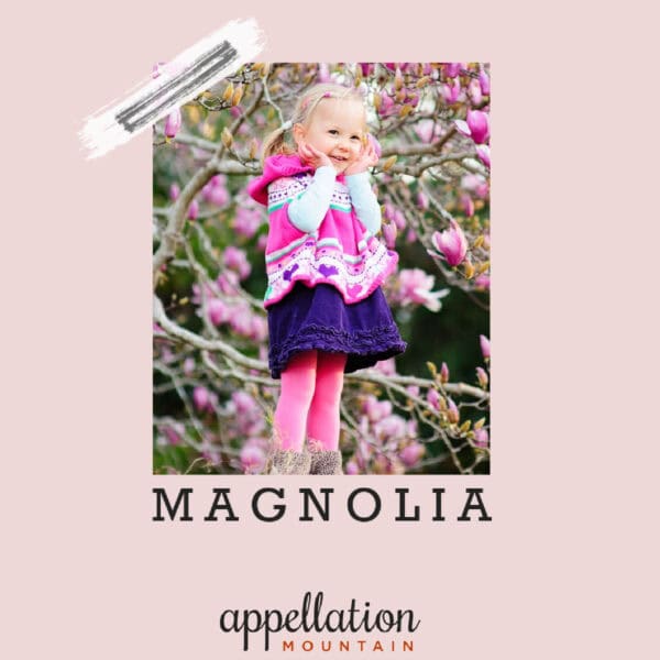 blonde girl wearing pink striped sweater, skirt, and dark pink tights standing in front of magnolia tree; text reads "Magnolia"