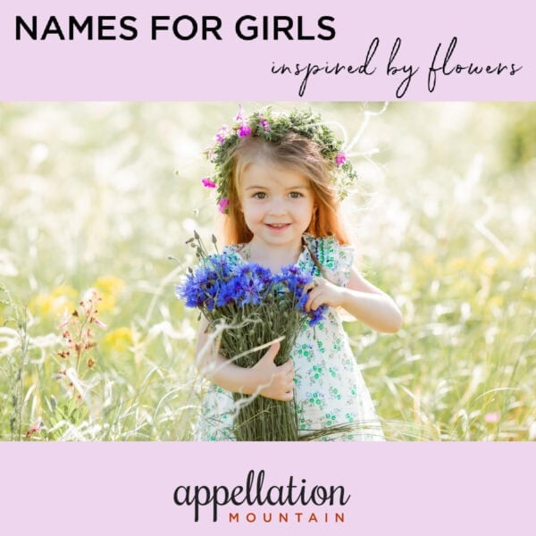 girl standing in field wearing floral wreath and holding bouquet of purple flowers "flower names for girls"