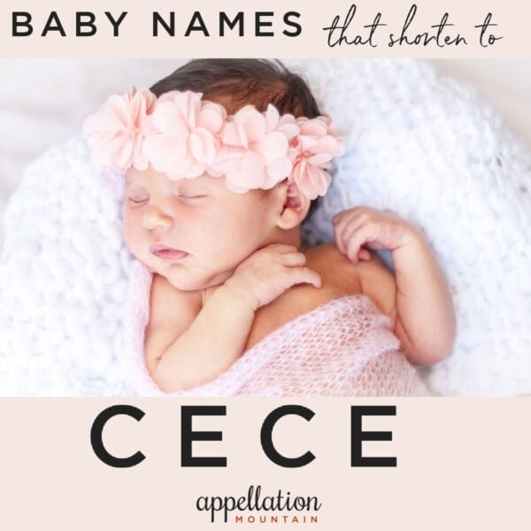 Sleeping baby girl with dark hair wearing wreath of pink flowers on pink background; words read "Baby Names That Shorten to Cece"