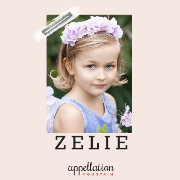 blonde girl child wearing wreath of light pink azalea flowers and sundress; baby name Zelie