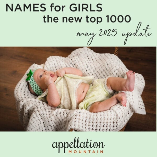 baby girl in basket on cream blanket wearing yellow shirt and green headband "names for girls the new top 1000"