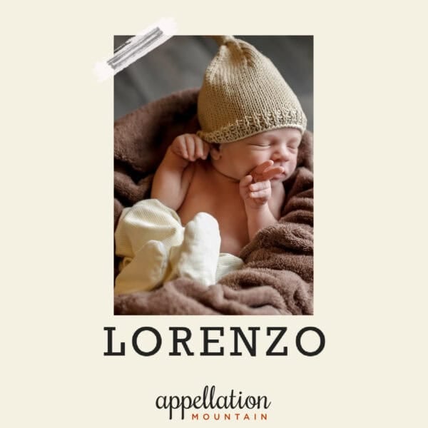 sleeping baby boy wearing light brown knit cap wrapped in brown blanket; baby name Lorenzo