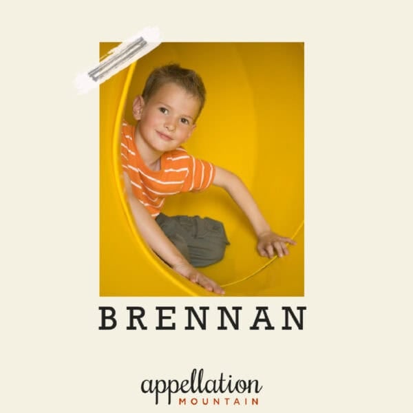 boy child with short dark blonde hair wearing orange top and green pants climbing out of yellow tube slide; baby name Brennan