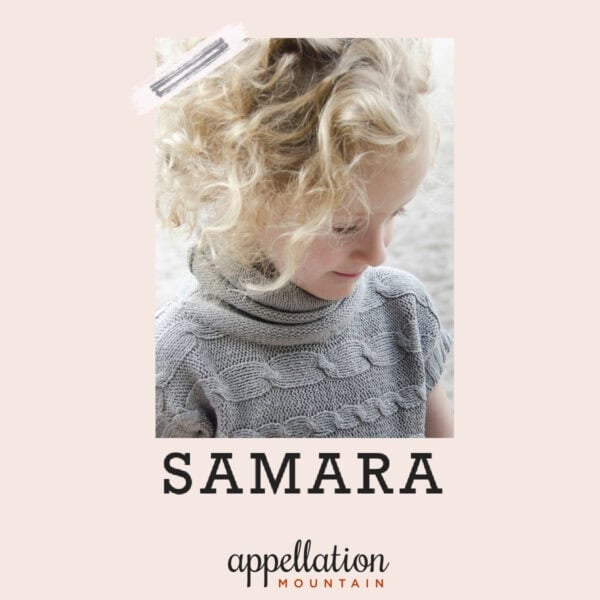 blonde girl child wearing gray sweater looking down; baby name Samara