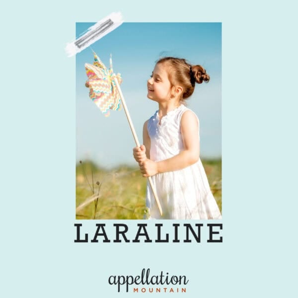 girl child with light brown hair wearing sundress standing in field with pinwheel; baby name Laraline