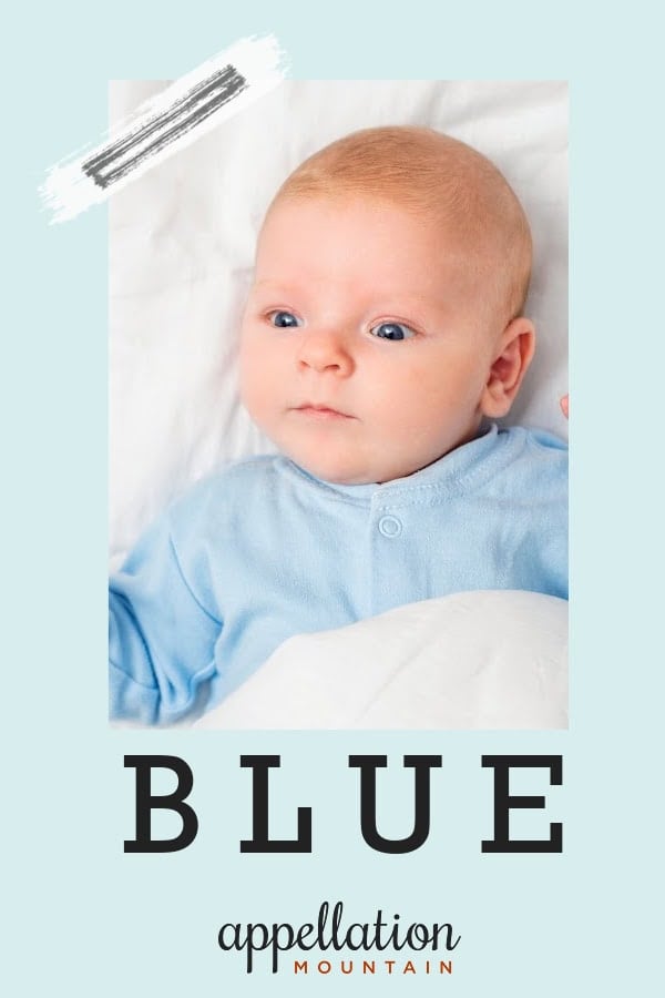 newborn baby with blonde hair wearing blue sleeper suit; baby name Blue