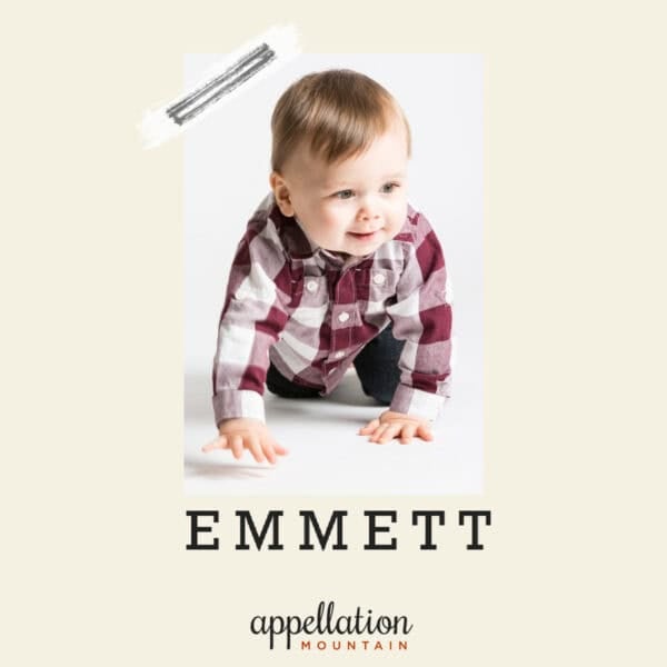 toddler boy with light brown hair wearing red and brown flannel shirt, crawling; baby name Emmett