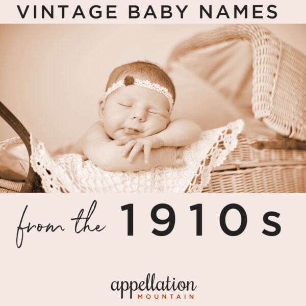 baby girl with headband with crocheted blanket and wicker stroller; 1910s girl names and baby names