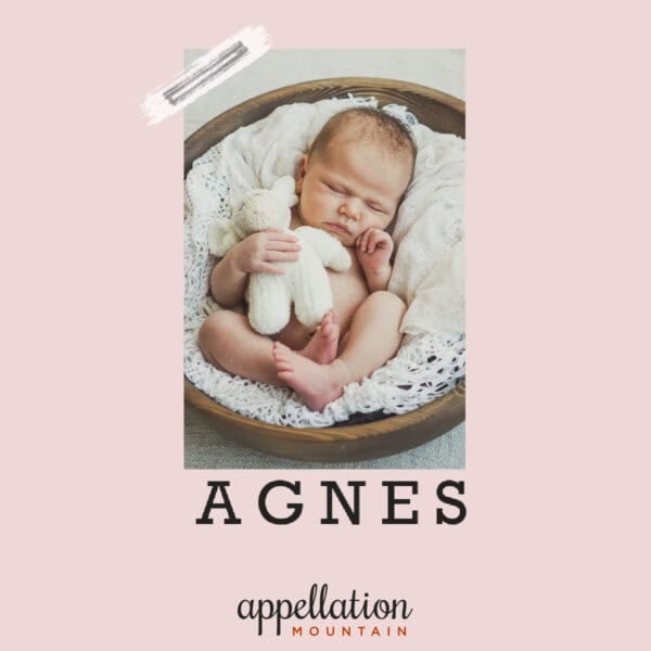 sleeping baby in basket holding white stuffed lamb; baby name Agnes