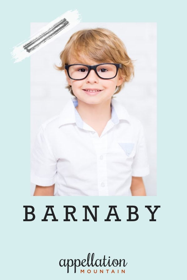 blonde boy child wearing white shirt with black-framed glasses; baby name Barnaby
