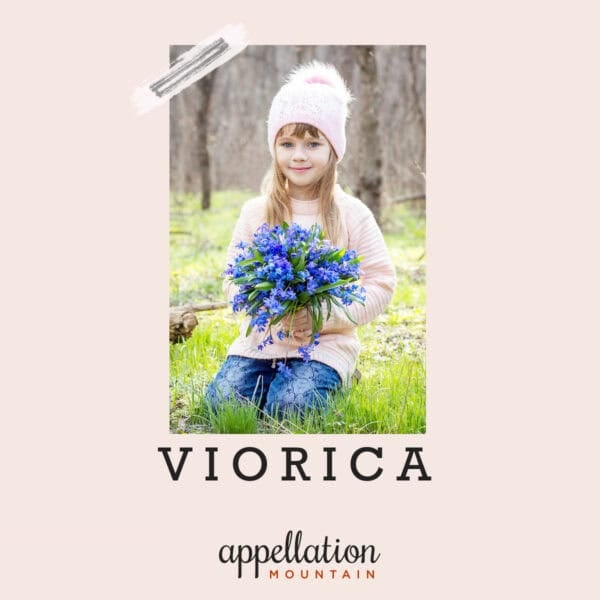 girl child wearing pale pink sweater, knit hat, and jeans, kneeling on grass, holding a bunch of blue flowers; baby name Viorica