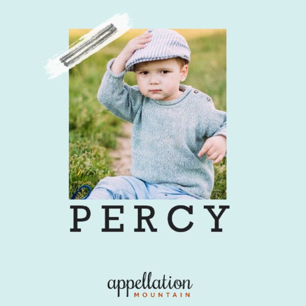 toddler boy in gray sweater, blue pants, and newsboy cap, sitting outside on the ground "baby name Percy"