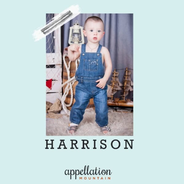 baby boy with light brown hair wearing denim overalls; baby name Harrison