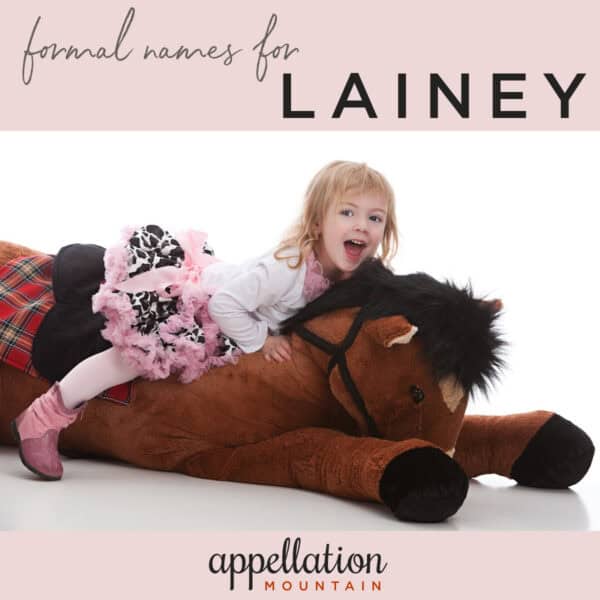 young girl wearing print dress, tights, and pink boots sitting on a life-sized plush brown horse; "Formal names for Lainey"