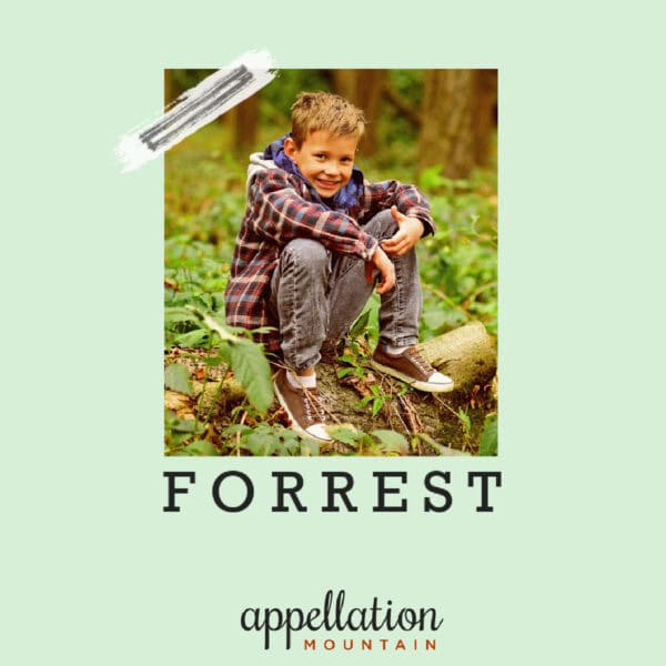 boy wearing plaid shirt sitting in the forest; text reads "Forrest"