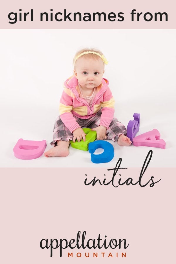 baby girl wearing pink top sitting up holding letters; girl names from initials